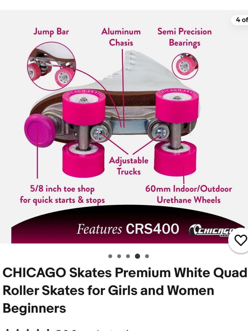 #2759**White Roller Skates with Hot Pink Wheels - Picture 8 of 17